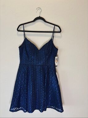 City Studio Navy Blue Lace Spaghetti Strap Prom Dress